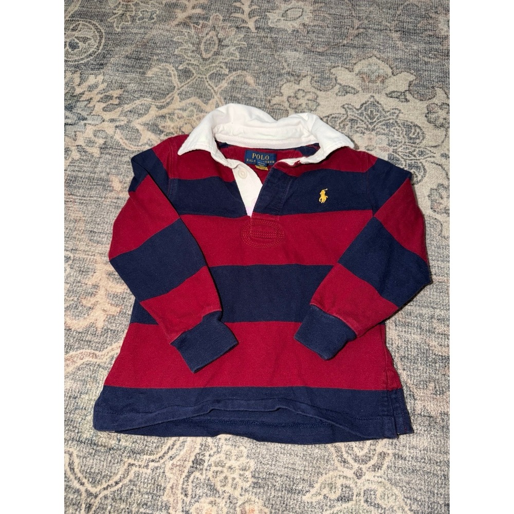 Boys Toddler Polo Ralph Lauren Rugby Striped Polo Long Sleeve Red Navy Blue